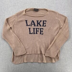 Wooden Ships Lake Life Knit Sweater Women S/M Tan Cotton Blend Coastal Cottage